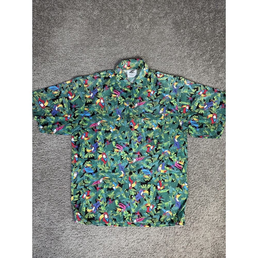 Vintage Fast Lane Shirt Mens L Green Toucan Short Sleeve Button Up Made In USA